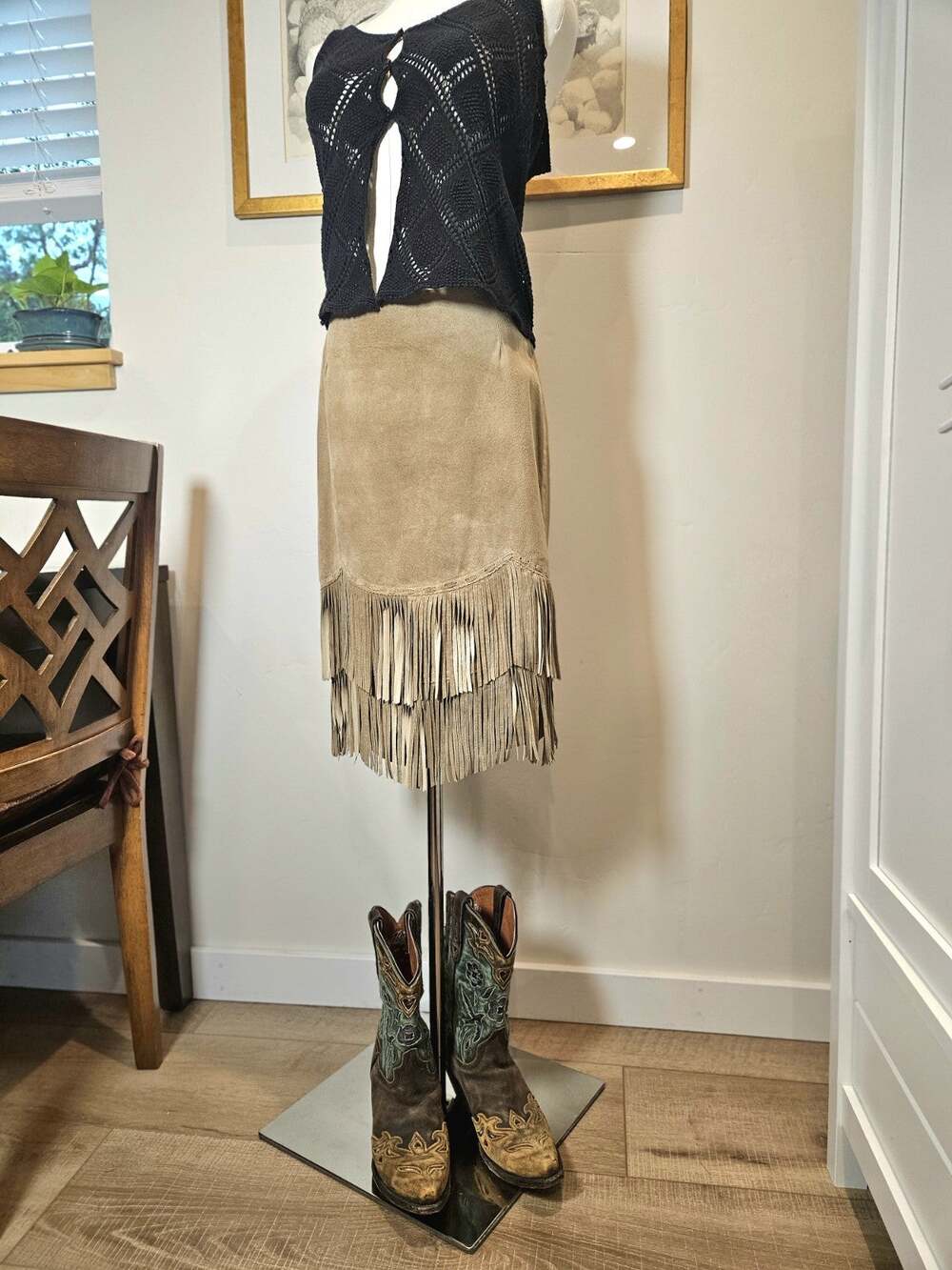 Vtg Patricia Wolf Texas Genuine Suede Double Tier Fringe Western Midi Skirt 6